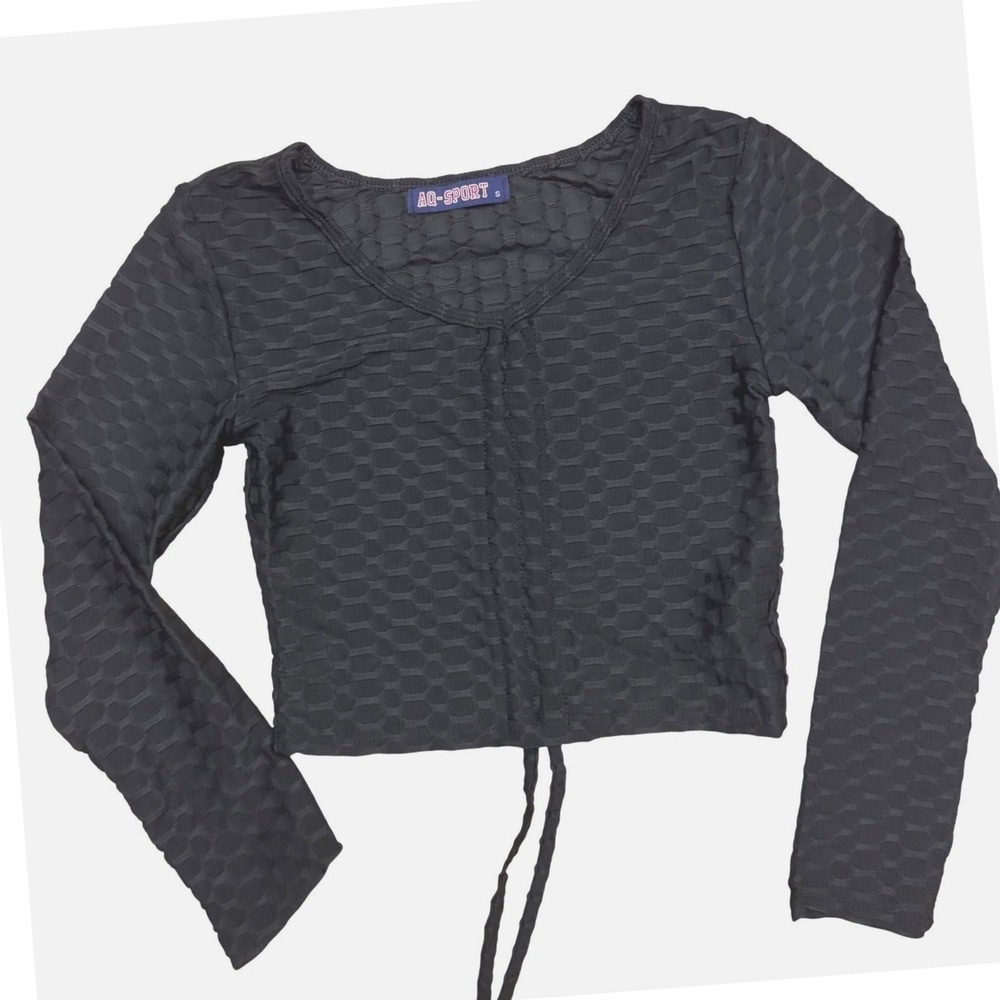 Womens Crop Top Small Cinched Front Adjustable Long Sleeve Textured Streetwear - Picture 2 of 6